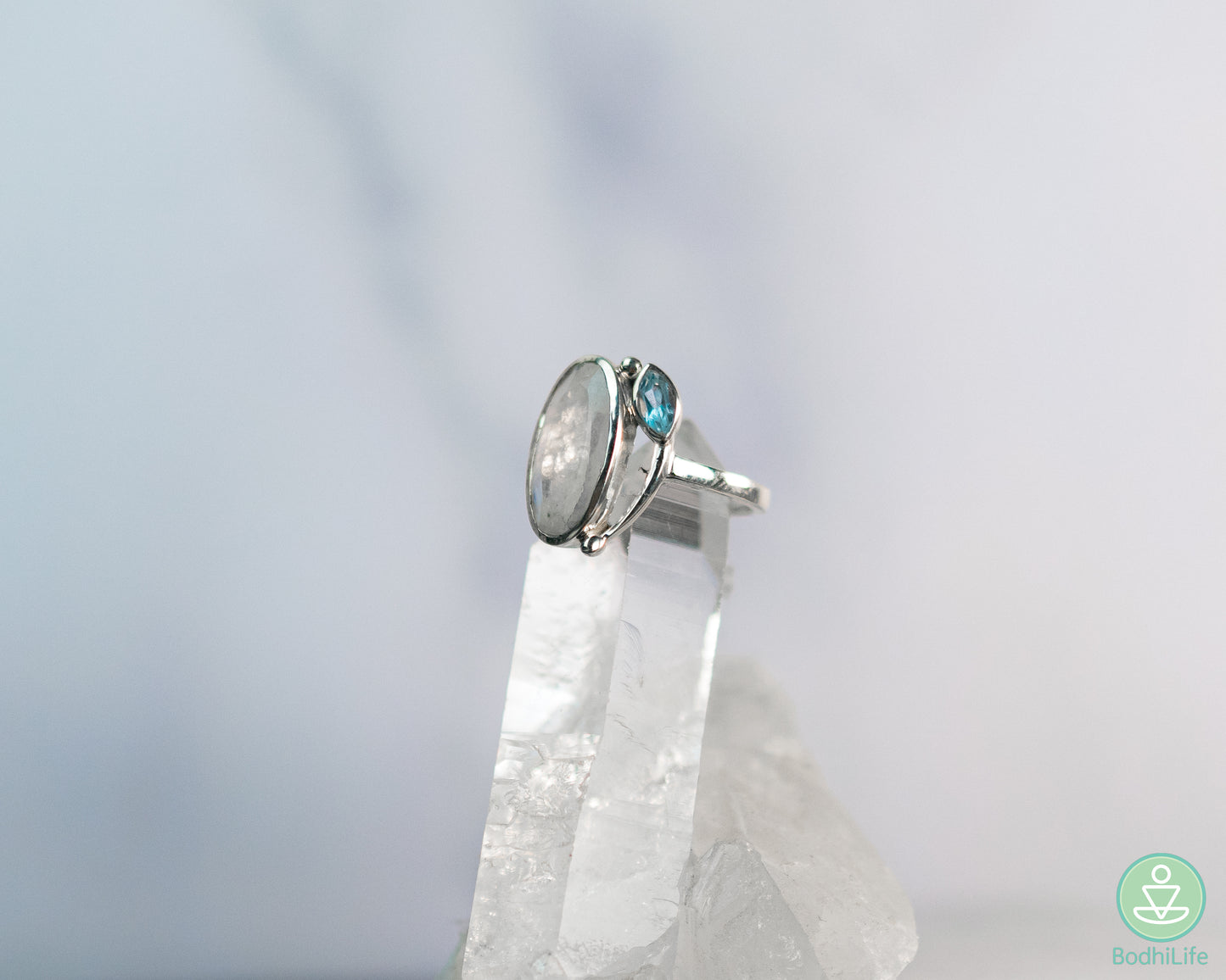 Moonstone Rainbow With Blue Topaz Ring