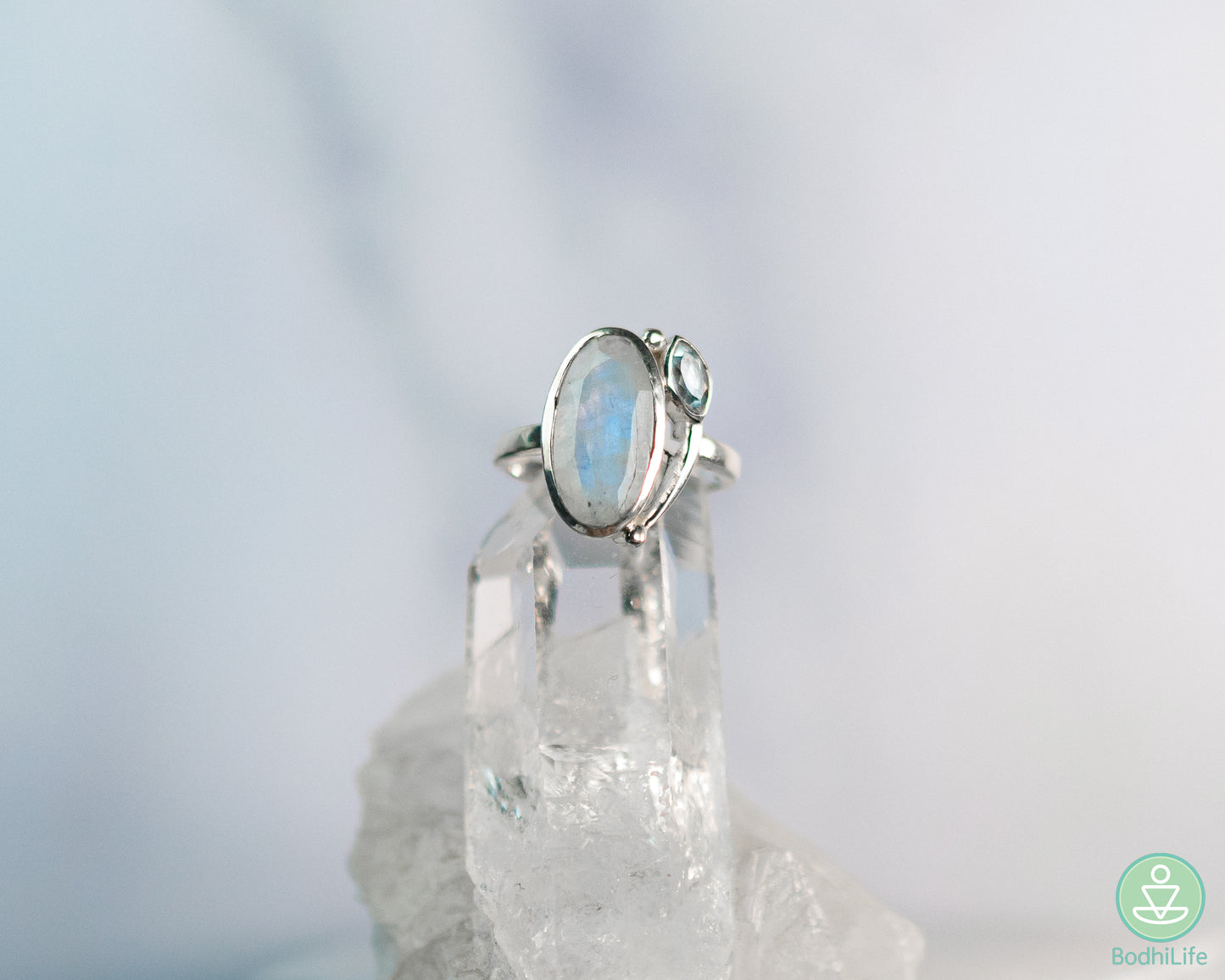 Moonstone Rainbow With Blue Topaz Ring