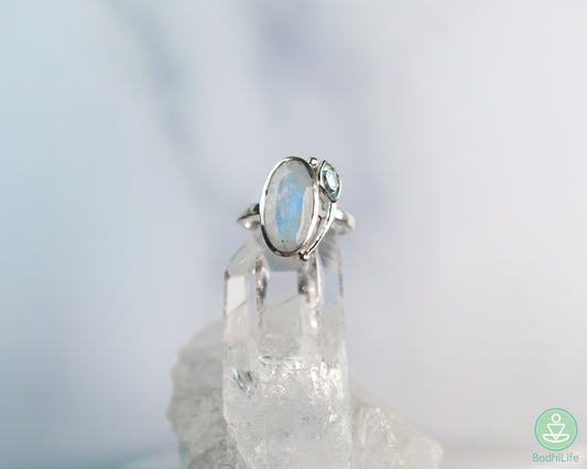 Moonstone Rainbow With Blue Topaz Ring